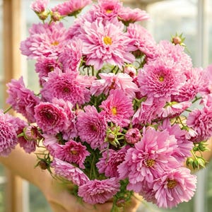 May include: A bouquet of pink cosmos flowers with yellow centers. The flowers are fully bloomed, with multiple layers of petals. The image shows a close-up of the flowers, with a soft focus background. The flowers are held in a person's hands.