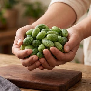 Op de afbeelding: Een verzameling kleine, ovaalvormige cucamelons met een opvallend groen en wit gevlekt huidpatroon. Deze miniatuurvruchten lijken op kleine watermeloenen en worden in een tros gehouden, wat hun gladde, stevige textuur en levendige, licht- tot donkergroene kleur benadrukt.