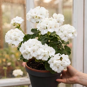 May include: A potted geranium plant featuring multiple clusters of bright white flowers with five petals each. The plant has dark green, rounded leaves and is contained in a matte dark grey terracotta pot filled with dark potting soil.
