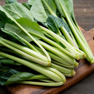 May include: A bunch of fresh komatsuna, also known as Japanese mustard spinach, featuring long, light green stalks and broad, dark green leaves. The vegetable is arranged with the stems clustered together, showcasing the smooth texture.