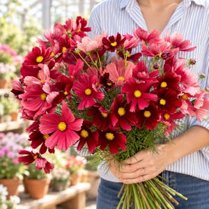 May include: A large bouquet of cosmos flowers featuring vibrant shades of deep red, magenta, and soft pink petals with bright yellow centers. The flowers have delicate, thin green stems and are gathered together in a dense, rounded arrangement.