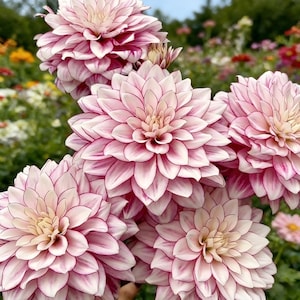 May include: Close-up of several pink and white dahlia flowers in full bloom. The petals have a delicate, layered appearance with a darker pink outline. The flowers are set against a blurred background of other colorful flowers and greenery.