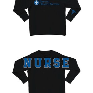 Puede incluir: Dos camisetas negras de manga larga. La primera tiene el texto "Baptist Health System" en azul, con un logotipo de cruz. La segunda camiseta tiene la palabra "NURSE" en letras azules.