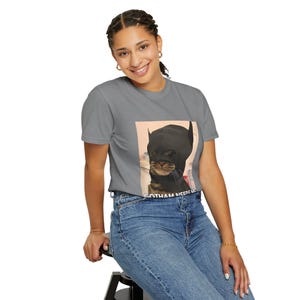 Unisex Gotham cat tee, hilarious superhero Batcat parody custom graphic t-shirt