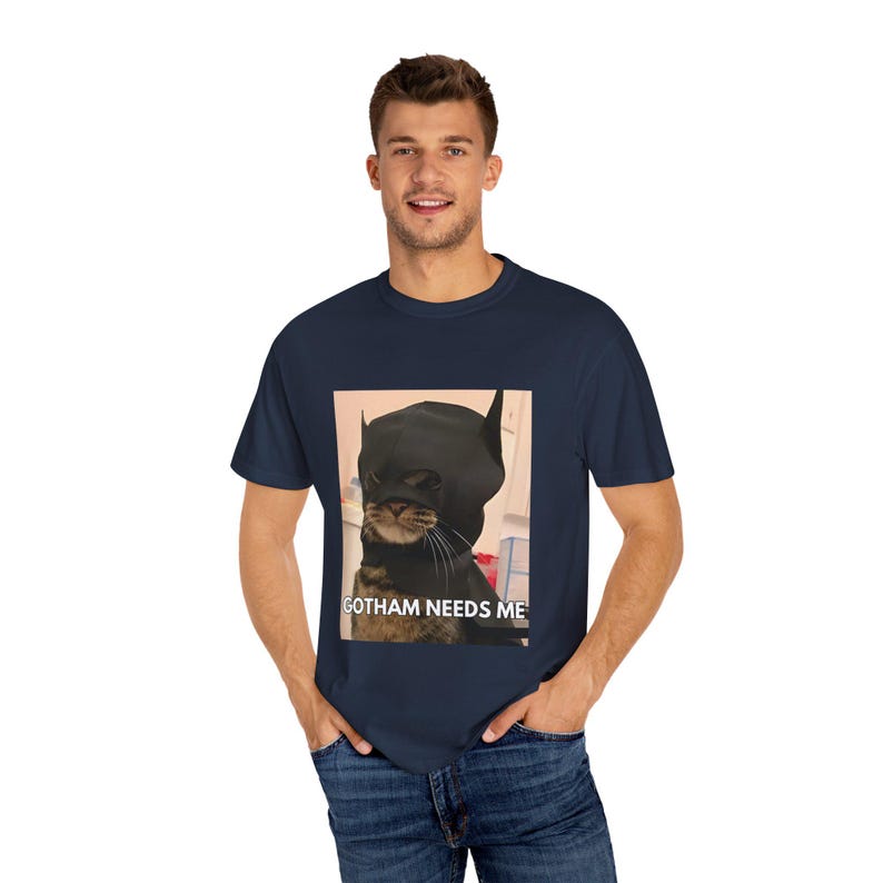 Quirky cat humor shirt featuring superhero Batcat kitty custom graphic design, comfortable soft cotton tee