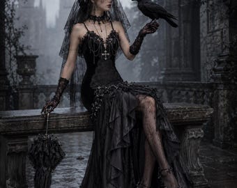 Gothic Fishtail Dress, Victorian Steampunk Dress, Evil Queen Witch Halloween Costume