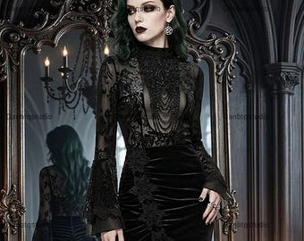 Top gótico floral con cuentas y mangas acampanadas, top de manga larga para Halloween con mangas acampanadas, disfraz gótico para cosplay.