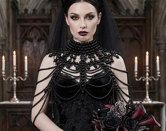 Gargantilla de perlas negras con cuentas, collar para boda.