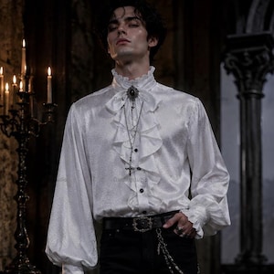 gothic white dress shirt men Punk Rave Mens Aristocrat Poet Crafted from a sumptuous blend of silk and cotton Men's Gothic Ruffled Lace Cross
