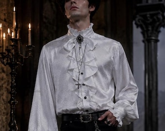 White Gothic Ruffles Puff Sleeved Loose Shirt, Vampire Ruffle Shirt, Poet Shirt Men, Renaissance Shirt, Halloween Custome