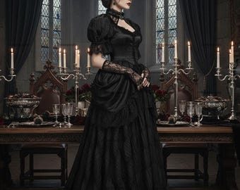 Gothic Gorgeous Embroidered Lace Puff Sleeve Long Victorian Party Dress, Wedding Dress, Evil Queen Witch Halloween Costume