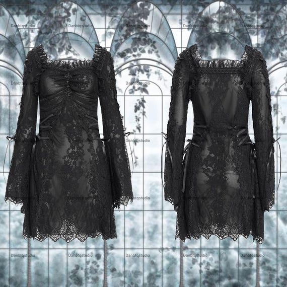 Gothic Floral Lace Long Bell Sleeve Short Dress, Victorian Steampunk Dress, Evil Queen Witch Halloween Costume Gothic Floral Lace Long Bell Sleeve Short Dress, Victorian Steampunk Dress, Evil Queen Witch Halloween Costume