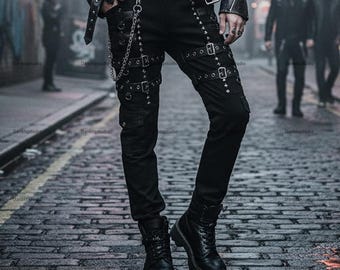 Men's Gothic Punk Studded Stretch Pants, Steampunk Cyber Pants