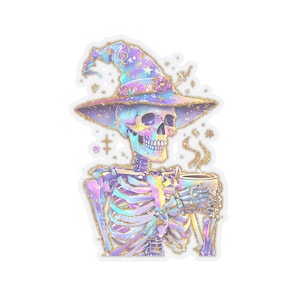 Holographischer Schädelaufkleber, Girly Halloween, Skelettaufkleber, Katzenaufkleber, gruseliger Aufkleber