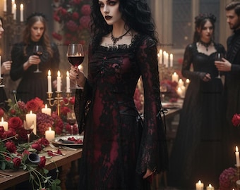 Gothic Floral Lace Long Bell Sleeve Short Dress, Victorian Steampunk Dress, Evil Queen Witch Halloween Costume
