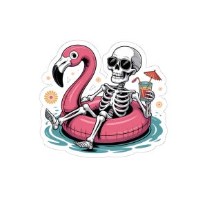 Lustiger Summerween Aufkleber, Skelett auf einem Pool Floaty, Gruseliger Sommer Aufkleber, Laptops Aufkleber