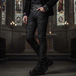 May include: Black, patterned pants with a high-waisted design and button details. The pants are paired with black boots and a black jacket. The image is set in a church-like setting, suggesting a gothic or alternative fashion style.