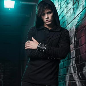 Herr Oregelbunden Randig Patchwork Punk Bandage T-shirt med Hood