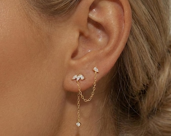 Pendientes colgantes de cadena con diamantes: Plata de ley 925, oro de 18 quilates