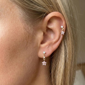 Pink Crystal Flower Earrings: Asymmetric 18k Gold Plated Sterling Silver