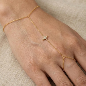 Pulsera de cadena de mano dorada con diamantes y estrellas delicadas, pulsera ajustable de plata de ley para el dedo.