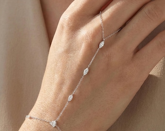 Braccialetto da dito regolabile con catena da mano in argento sterling con zirconi marquise