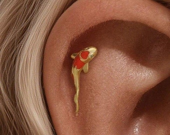 1 paio di orecchini a bottone a forma di pesce koi in oro 16G: argento sterling 925, portafortuna