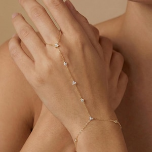 18K Gold-plated Sterling Silver Geometric Zircon Hand Chain Dainty Adjustable Finger Bracelet Valentine's Day gifts