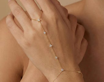 18K Gold-plated Sterling Silver Geometric Zircon Hand Chain Dainty Adjustable Finger Bracelet Valentine's Day gifts