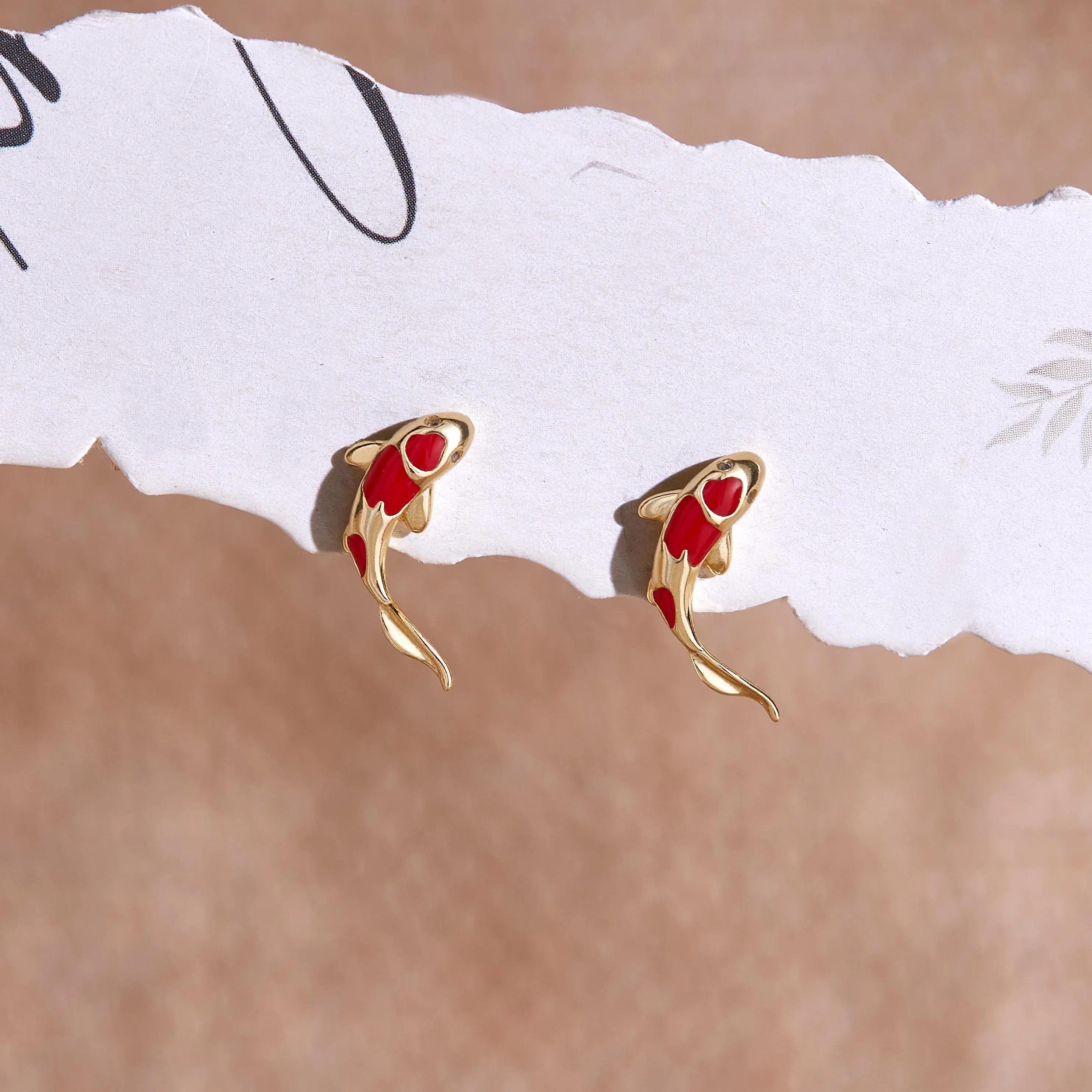 Milue Koi Red Stud Earrings 925 Sterling Silver Fish Ear Studs Jewellery for Woman Girl　並行輸入品