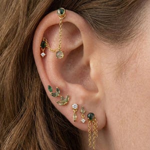 Sterling Silver Moss Agate Earring Tassel Chain Earrings Flat Back Stud