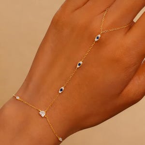Pulsera de dedo ajustable delicada con cadena de mano de ojo malvado de plata de ley 925