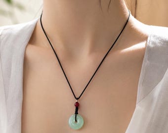 Traditional Chinese Red String Jade Necklace – Green Jade Donut Pendant for Luck & Protection