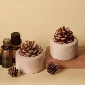 May include: A still life arrangement featuring small brown pine cones nestled in light-colored wooden holders. Several amber-colored glass bottles with dark caps are also present, suggesting aromatherapy or essential oil products. The background is a soft, neutral beige.