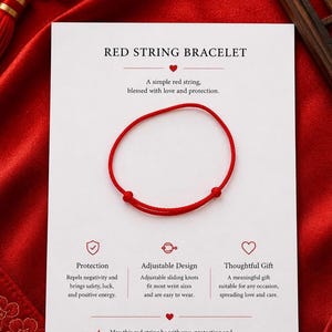 May include: A red string bracelet with adjustable sliding knots displayed on a white card. The card features the text RED STRING BRACELET, A simple red string, blessed with love and protection, Protection, Adjustable Design, and Thoughtful Gift.