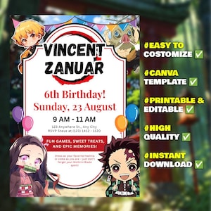Demon Slayer Anime Birthday Invitation - Editable Canva Template