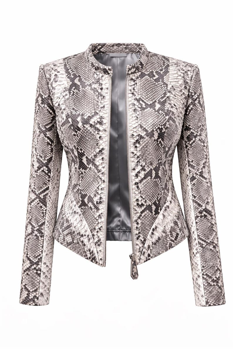 Women's Real Python Leather Jacket, Exotic Snakeskin Biker Style image 3