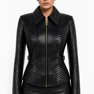 Black Genuine Python Leather Jacket for Women – Luxury Exotic Snakeskin Jacket – Fitted Designer Leather Coat – ROMACHELLI