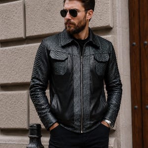 Men's Genuine Python Leather Shirt Jacket, Grey And Black Snakeskin by ROMACHELLI