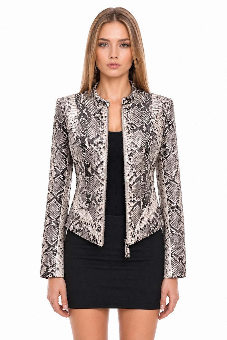 Women's Real Python Leather Jacket, Exotic Snakeskin Biker Style image 1