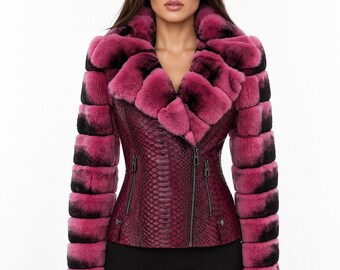 Burgundy Python Leather Jacket with Pink Fur Sleeves – Women’s Designer Biker Coat