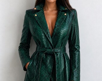Emerald Green Python Leather Trench Coat Women Luxury Snakeskin Long Belted Coat Elegant Gothic Maxi Jacket Statement Designer Outerwear
