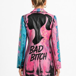 Hand Painted Leather Jacket Women – Graffiti Blazer Jacket, Colorful Statement Coat, Street Style Designer Jacket, Artistic Outfit