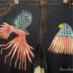 Hand-Painted Patriotic Skinny Jeans – 48&quot; Waist, 26W, Featuring Flag, Eagle, and &#39;Trump&#39; Back Pocket Design