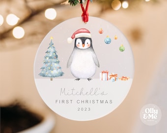 Personalised Baby's First Christmas Bauble Gift Keepsake | 1st Xmas Tree Decoration/Ornament | New Baby Boy/Girl Present | Penguin