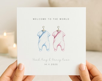 Personalised New Baby Twins Card | Birth Congratulations New Parents Keepsake Card | Welcome to the World | Boy/Girl | Pink/Blue