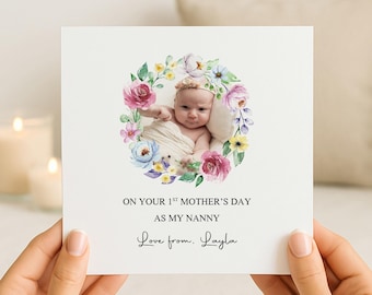 Personalised First Mother's Day as Nanny/Nanna/Grandma Floral Photo Card | New Baby | Mothers Day Gift | 1st Mothers Day Keepsake