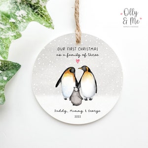 Personalised First Christmas as Family of Three Bauble/Tree Decoration | Xmas Ornament/Keepsake | Son/Daughter/Friend Gift | Penguins