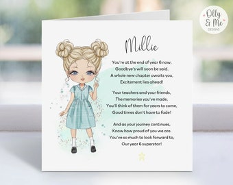Personalised Year 6 Leavers Card |  Last Day of School | End of Primary/Junior School | Girl's Keepsake