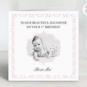 Personalised First Birthday Photo Card to Daughter/Granddaughter/Goddaughter/Niece | Baby Girl 1st Keepsake Card/Gift | Pink